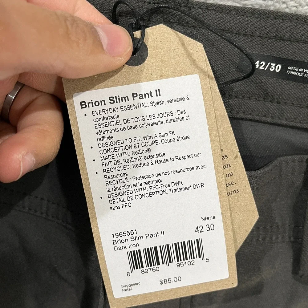 Prana Brion II Pants 42x30 Stretch Slim Fit Tapered Dark Iron Gray Hiking Trails